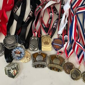 Basketball Award Medals Lot with Red, Black, White & Blue Ribbons